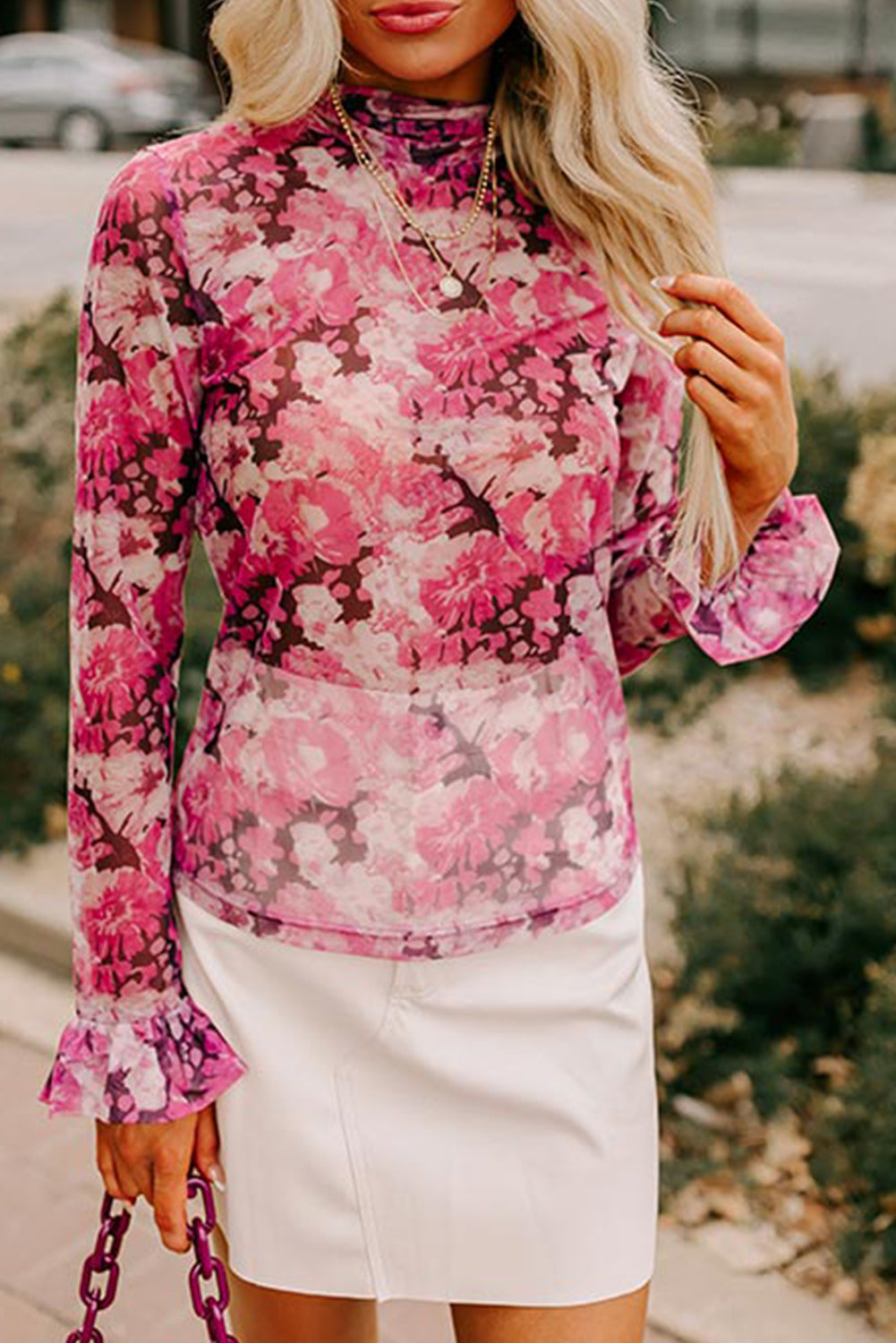 Sophia - Elegante Rose Floral Mesh Bluse mit Flügelärmeln