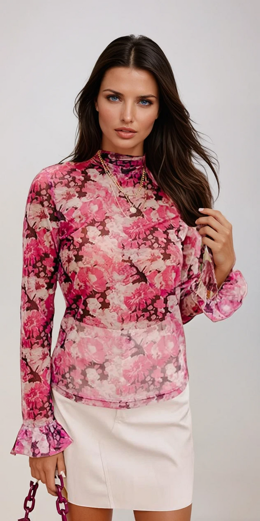 Sophia - Elegante Rose Floral Mesh Bluse mit Flügelärmeln