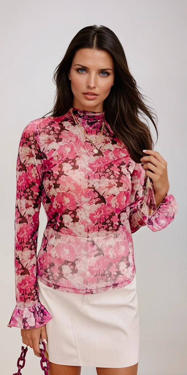 Sophia - Elegante Rose Floral Mesh Bluse mit Flügelärmeln