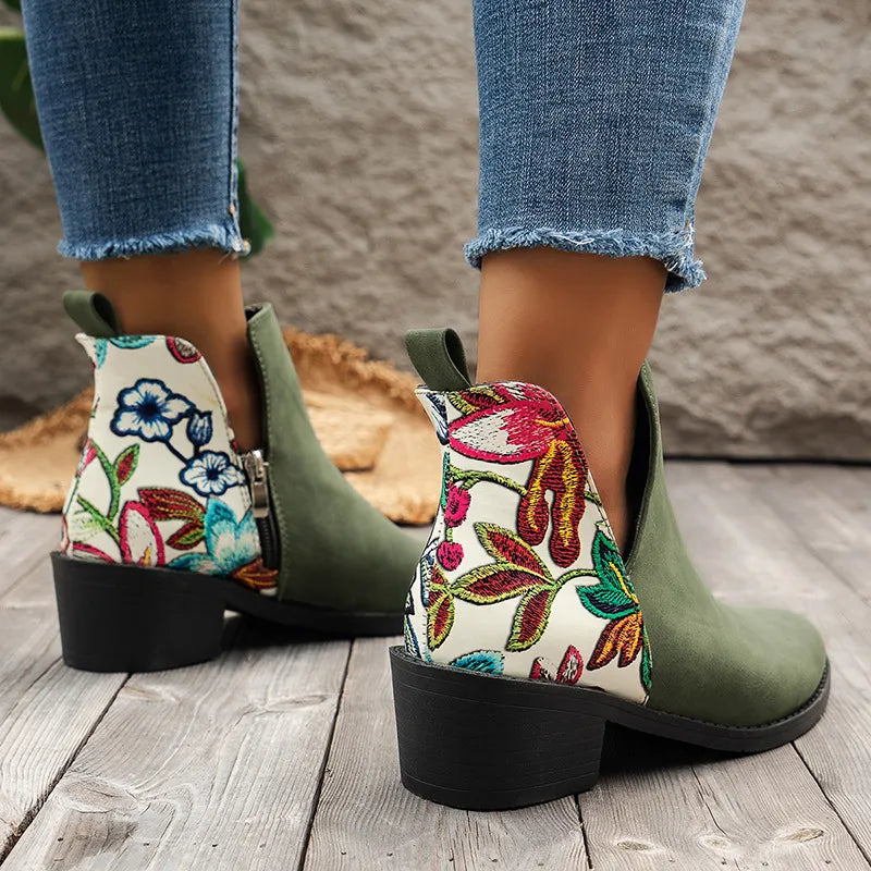 Dames Bloemenprint Enkellaarsjes – Modieuze Zijrits Laarzen met Chunky Hak