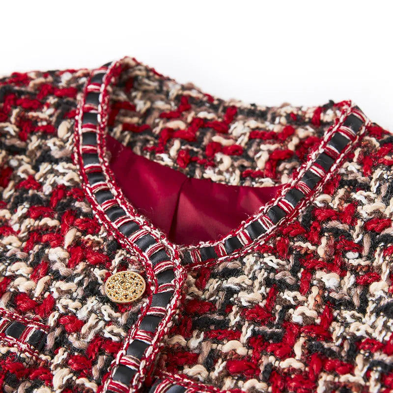 Dames Celebrity-Stijl Rode Tweed Korte Jas - Elegante Ronde Hals Ontwerp voor Chique Outfits