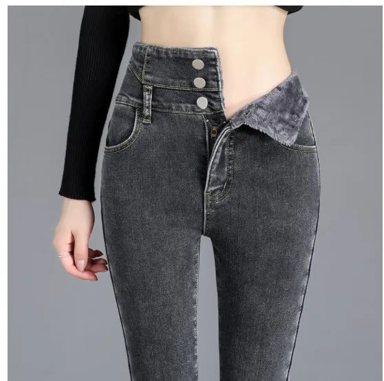 Dames Hoge Taille Recht Jeans met Pluche Fleece Voering - Trendy en Warme Winter Denim