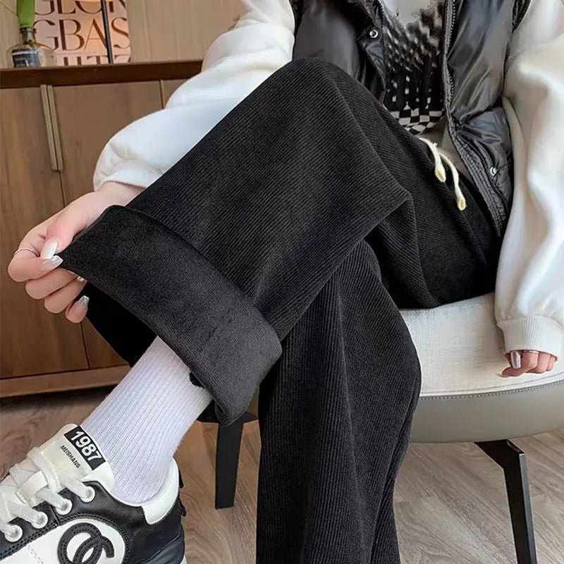 Vrouwen Corduroy Wijde Pantalons – Fleece- gevoerde Winter Casual Broeken voor Warmte en Stijl
