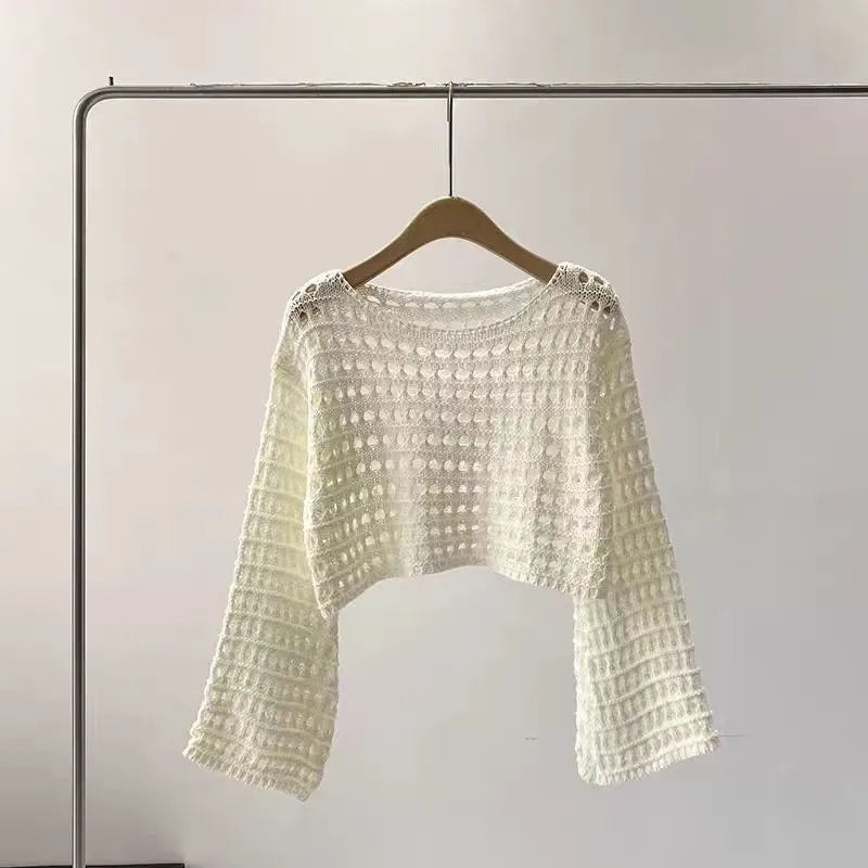 Vrouwen Korte Lange Mouw Dunne Pullover Trui – Retro Franse Stijl Hol Ontwerp