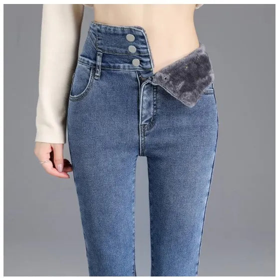 Dames Hoge Taille Recht Jeans met Pluche Fleece Voering - Trendy en Warme Winter Denim