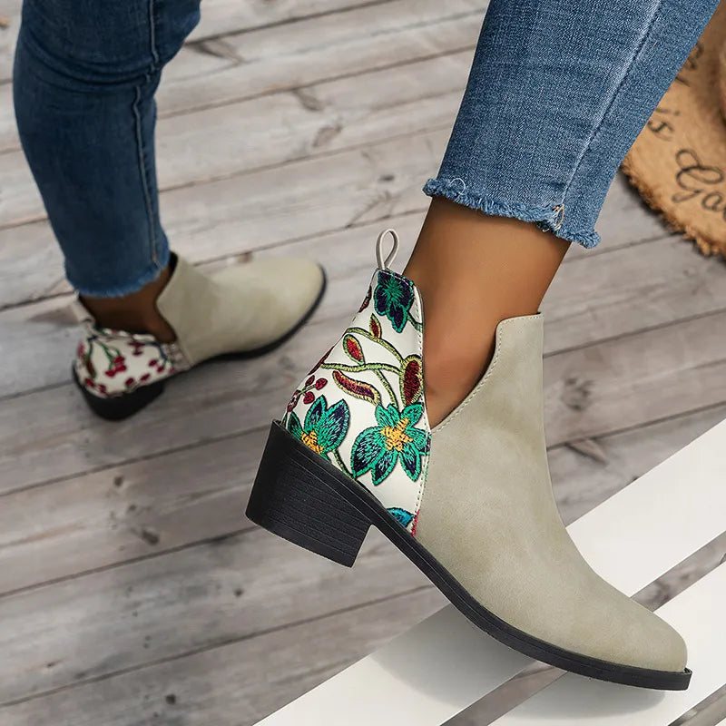 Dames Bloemenprint Enkellaarsjes – Modieuze Zijrits Laarzen met Chunky Hak