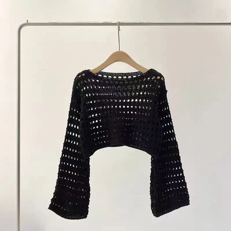 Vrouwen Korte Lange Mouw Dunne Pullover Trui – Retro Franse Stijl Hol Ontwerp