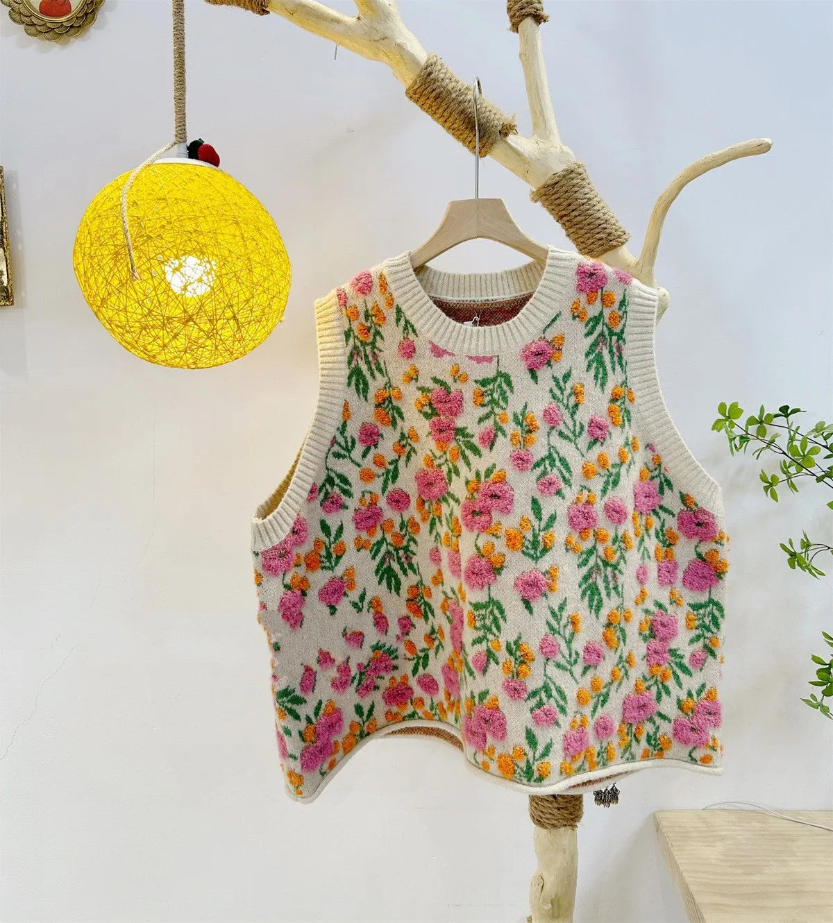 Dames Mouwloze Bloemige Gebreide Vest – 3D Ontwerp, Zoete en Verse Stijl