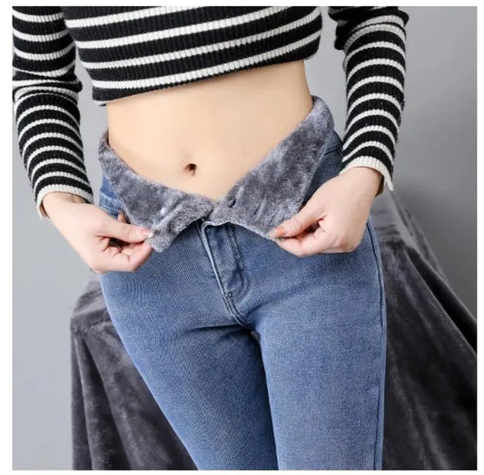 Dames Hoge Taille Recht Jeans met Pluche Fleece Voering - Trendy en Warme Winter Denim
