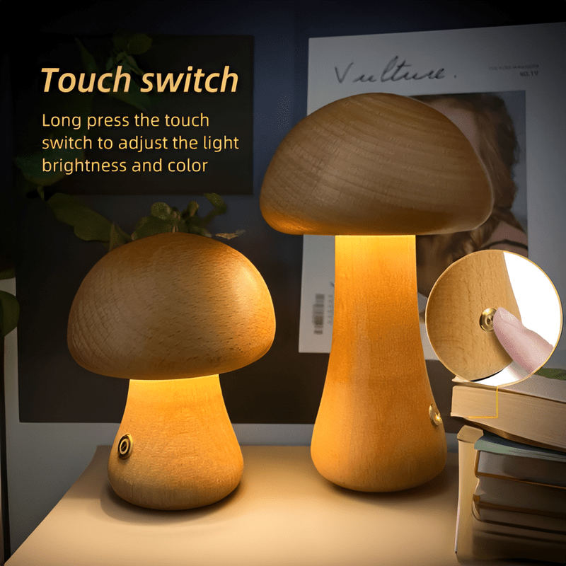 LichtWunder - Touch-bediening Houten Paddenstoel LED Nachtlamp