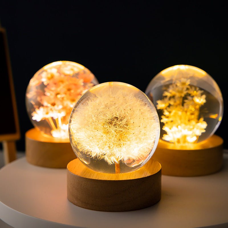 GlanzVolle - Kristallen Bol Tafel Lamp met 3D Paardenbloem Bloemen