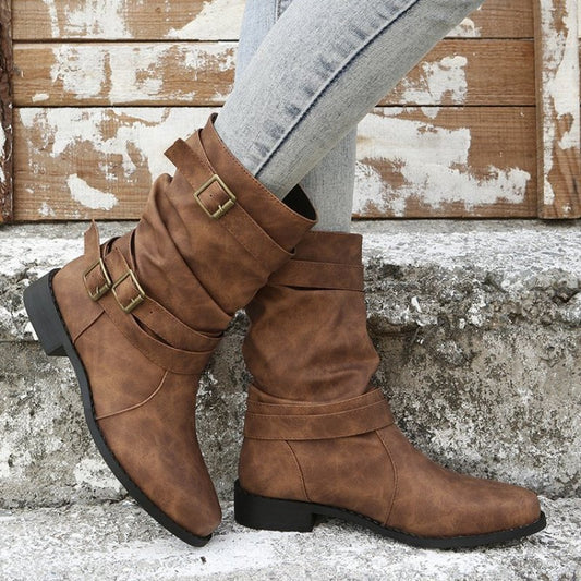 Dames Lage Hak Vintage Biker Laarzen – Verstelbare Gesp Western Combat Boots