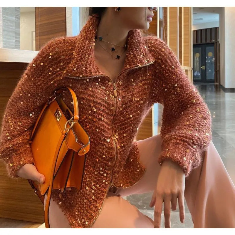Westerse Chic Stijl Mode Sequins Brei-jack – Gradient Pullover voor een Chic Uiterlijk