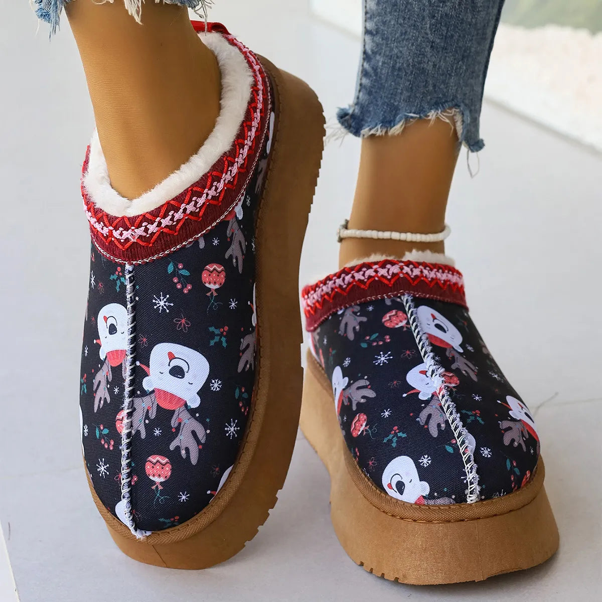 Dames Cartoon Kerst Enkellaarsjes – Warme Winter Slip-On Schoenen met Pluche Voering