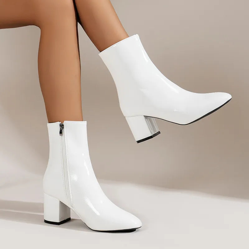 Dames Chunky Heel Enkellaarsjes – Spitse Neus Laarzen met Zijrits