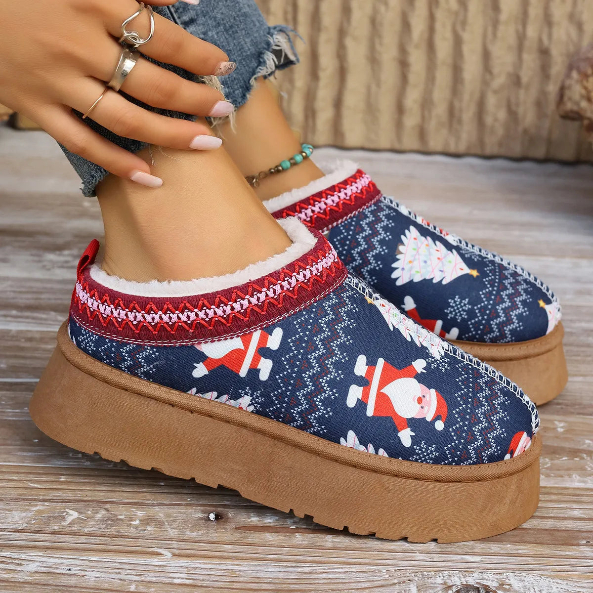 Dames Cartoon Kerst Enkellaarsjes – Warme Winter Slip-On Schoenen met Pluche Voering