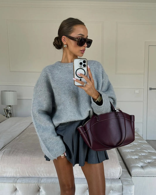 Dames Geavanceerde Grijze Geborstelde Trui – Koreaanse Stijl Franse Lui Pullover voor Herfst en Winter