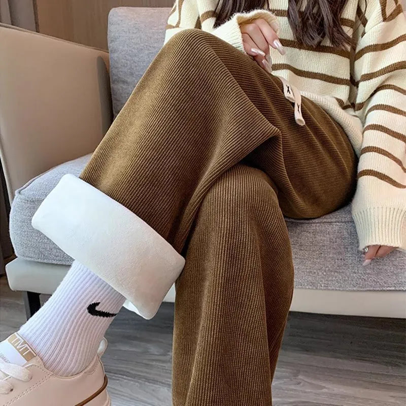 Vrouwen Corduroy Wijde Pantalons – Fleece- gevoerde Winter Casual Broeken voor Warmte en Stijl