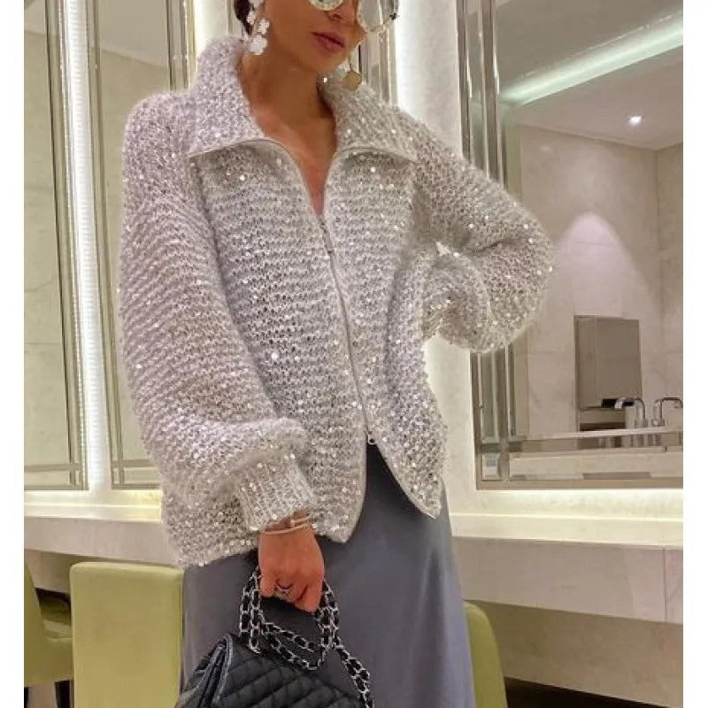 Westerse Chic Stijl Mode Sequins Brei-jack – Gradient Pullover voor een Chic Uiterlijk