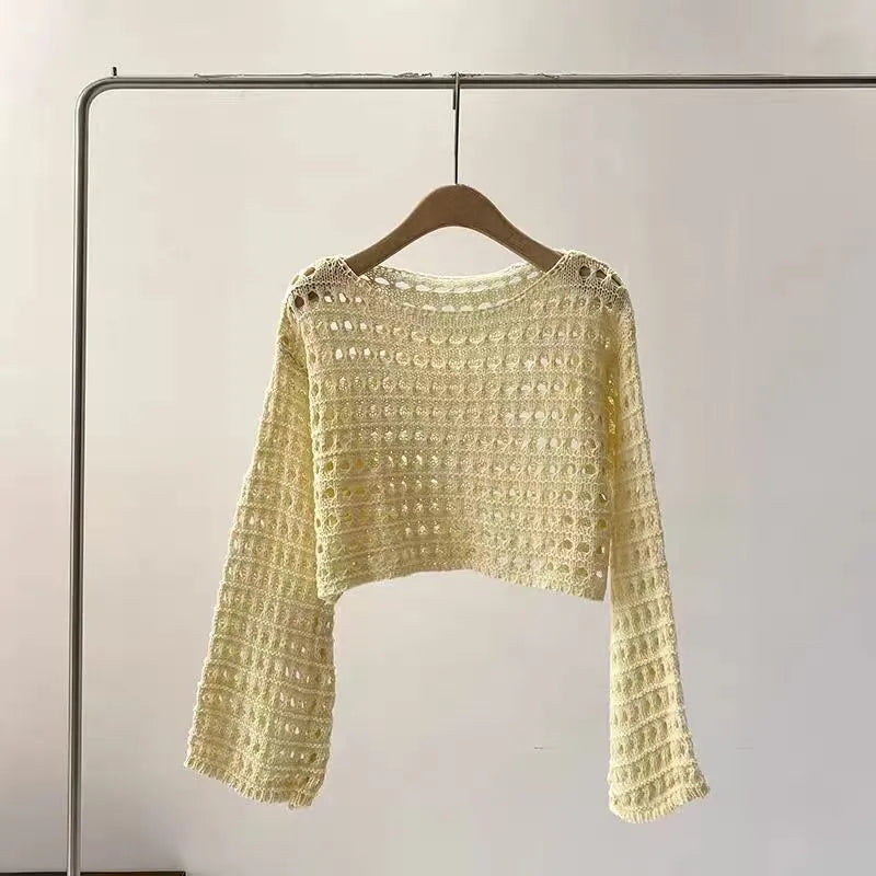 Vrouwen Korte Lange Mouw Dunne Pullover Trui – Retro Franse Stijl Hol Ontwerp