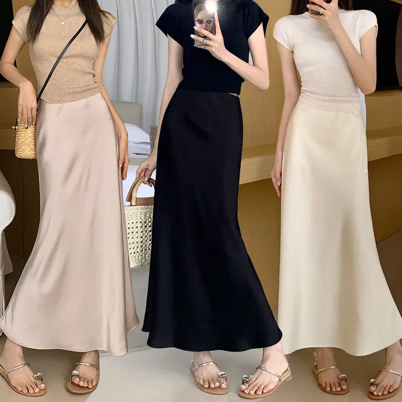 Frans-Stijl Vintage Satijnen Vissstaart Rok – Elegante A-Lijn Sheath Lange Rok voor Dames