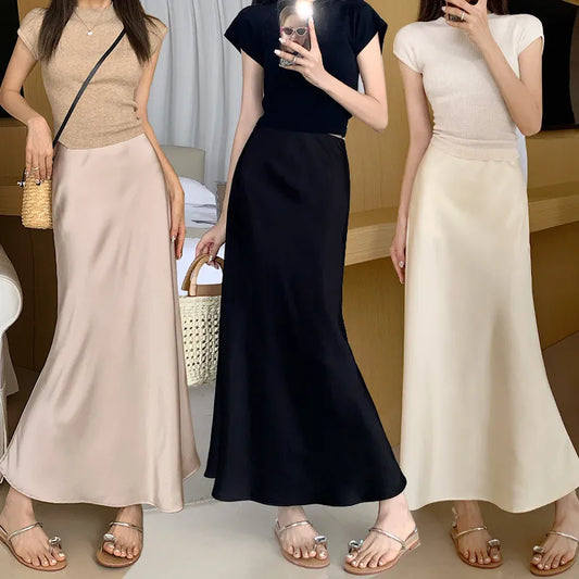 Frans-Stijl Vintage Satijnen Vissstaart Rok – Elegante A-Lijn Sheath Lange Rok voor Dames