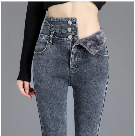 Dames Hoge Taille Recht Jeans met Pluche Fleece Voering - Trendy en Warme Winter Denim