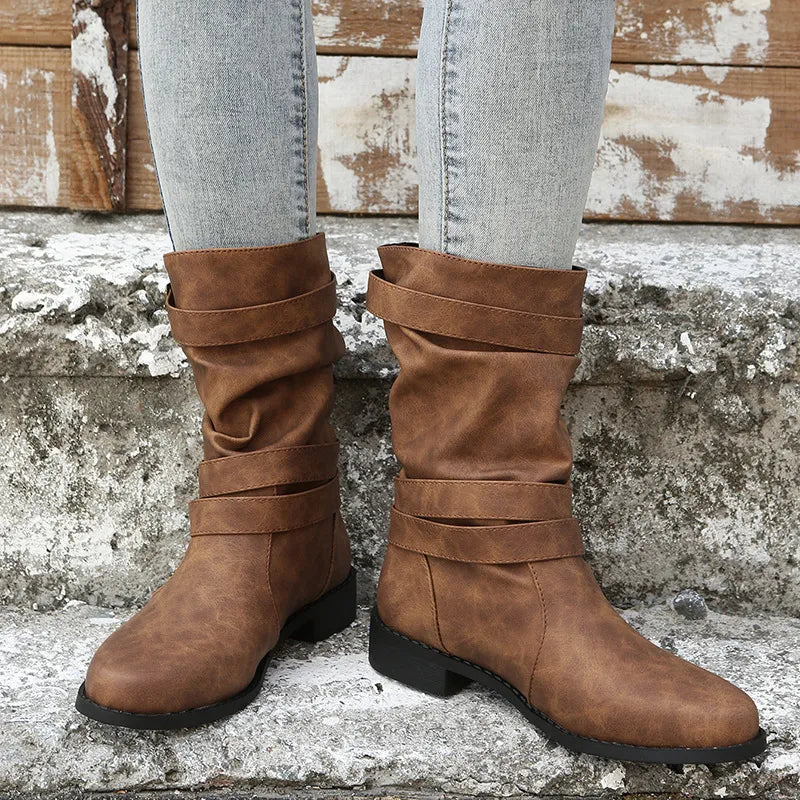 Dames Lage Hak Vintage Biker Laarzen – Verstelbare Gesp Western Combat Boots