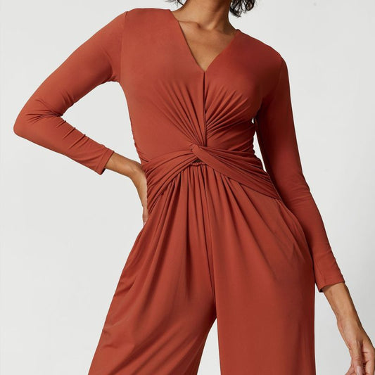 Dames V-Hals Plissé Hoge Split Yoga Jurk - Elegante Rugloze Stretch Jumpsuit voor Sportkleding & Casual Wear