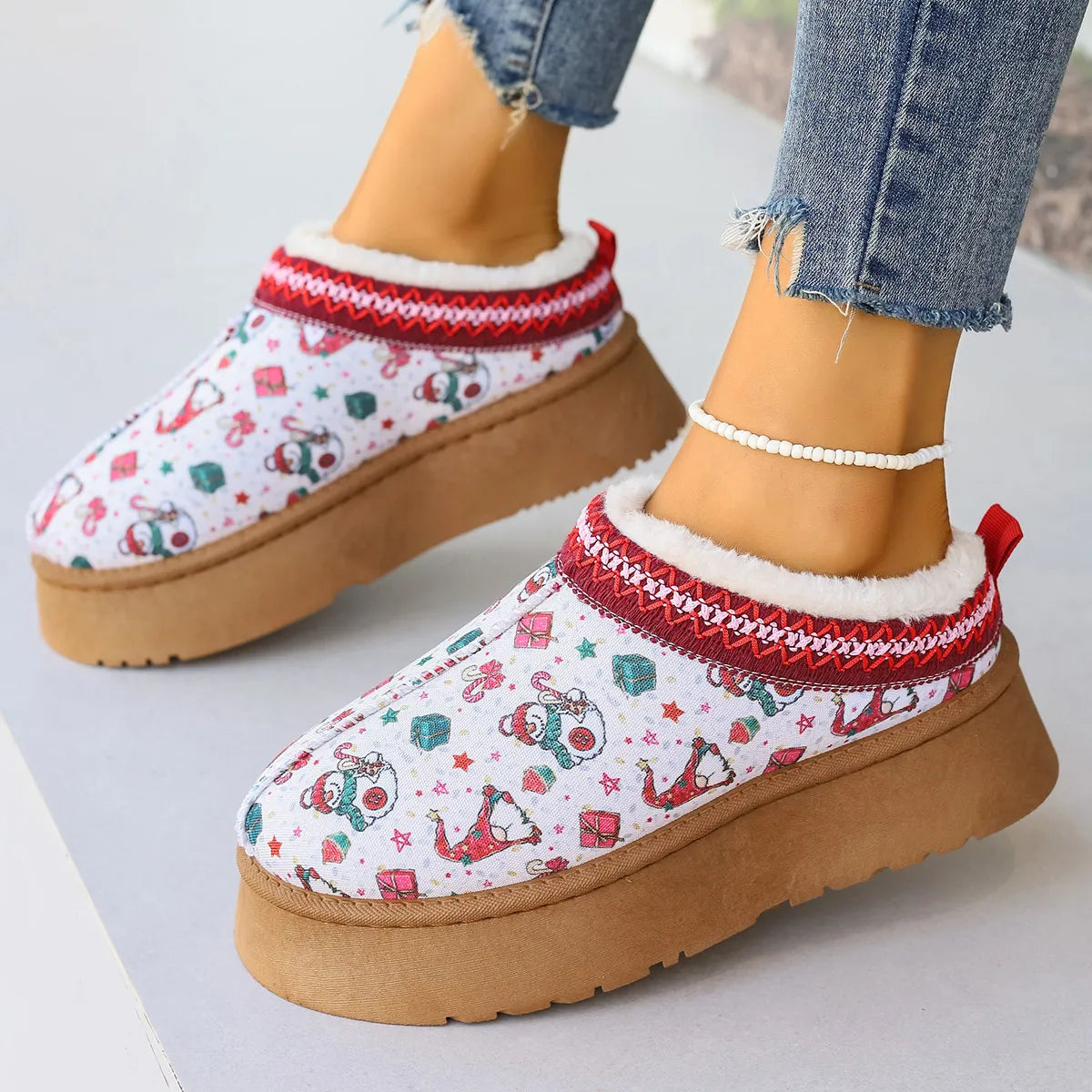 Dames Cartoon Kerst Enkellaarsjes – Warme Winter Slip-On Schoenen met Pluche Voering