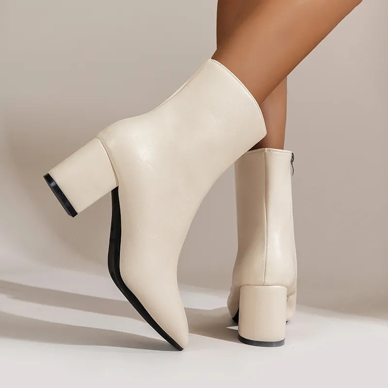 Dames Chunky Heel Enkellaarsjes – Spitse Neus Laarzen met Zijrits
